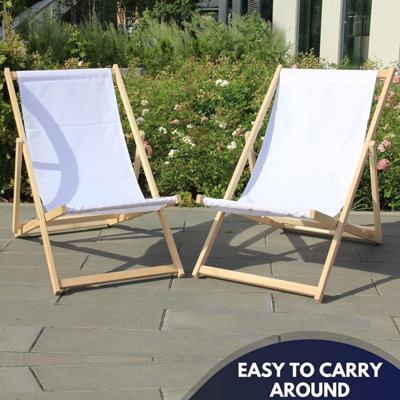Traditional Folding Wood Deck Chairs Set of 2 - Adjustable Deck Chair for Beach/Garden - Seaside Lounger with White Canvas Fabric - 8