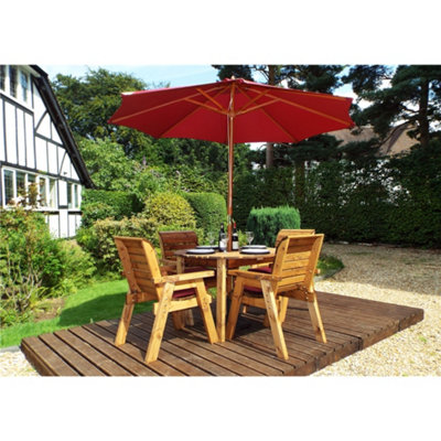 Traditional Four Seater Rectangular Table Set With 4 x Burgundy Chair Cushion 1 x Burgundy Parasol & Base & Cushion Storage Bag