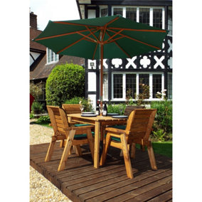 Traditional Four Seater Rectangular Table Set With 4 x Green Chair Cushion 1 x Green Parasol & Base & Cushion Storage Bag