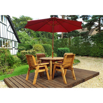 Traditional Four Seater Round Table Set With 4 x Burgundy Chair Cushion 1 x Burgundy Parasol & Base & Cushion Storage Bag