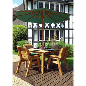 Traditional Four Seater Square Table Set With 4 x Green Chair Cushion 1 x Green Parasol & Base & Cushion Storage Bag