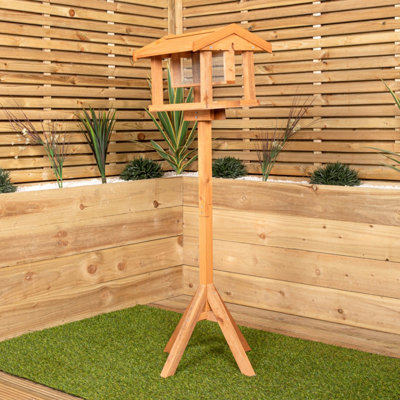 Traditional Freestanding Wooden Garden Bird Seed Feeder Table with Roof