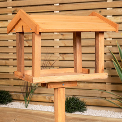Traditional Freestanding Wooden Garden Bird Seed Feeder Table with Roof