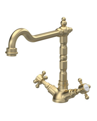 Traditional French Classic Mono Sink Mixer Kitchen Tap with Crosshead Handles - Brushed Brass - Balterley
