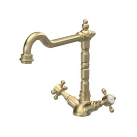 Traditional French Classic Mono Sink Mixer Kitchen Tap with Crosshead Handles - Brushed Brass - Balterley