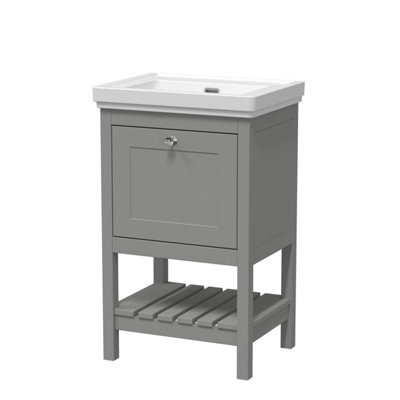 Traditional Furniture Floor Standing 1 Drawer Vanity & 0 Tap Hole Fireclay Basin, 500mm, Cool Grey