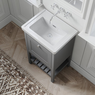 Traditional Furniture Floor Standing 1 Drawer Vanity & 0 Tap Hole Fireclay Basin, 500mm, Cool Grey