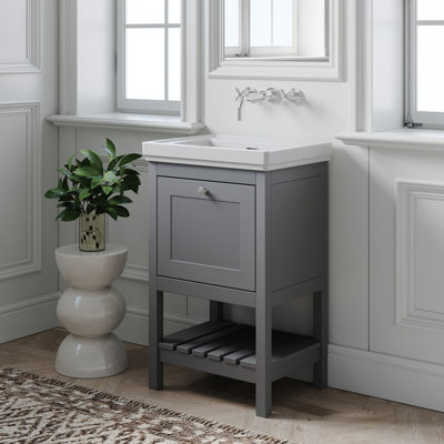 Traditional Furniture Floor Standing 1 Drawer Vanity & 0 Tap Hole Fireclay Basin, 500mm, Cool Grey