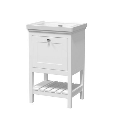 Traditional Furniture Floor Standing 1 Drawer Vanity & 0 Tap Hole Fireclay Basin, 500mm, Pure White