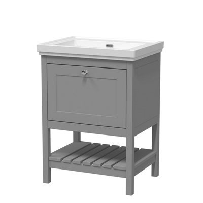 Traditional Furniture Floor Standing 1 Drawer Vanity & 0 Tap Hole Fireclay Basin, 600mm, Cool Grey