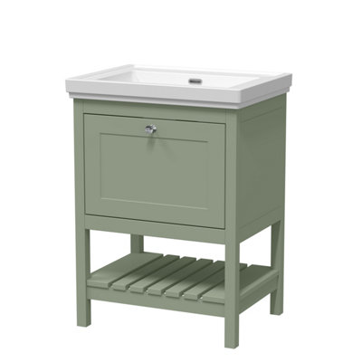 Traditional Furniture Floor Standing 1 Drawer Vanity & 0 Tap Hole Fireclay Basin, 600mm, Fern Green