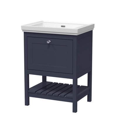 Traditional Furniture Floor Standing 1 Drawer Vanity & 0 Tap Hole Fireclay Basin, 600mm, Indigo Blue