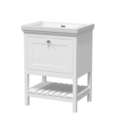 Traditional Furniture Floor Standing 1 Drawer Vanity & 0 Tap Hole Fireclay Basin, 600mm, Pure White