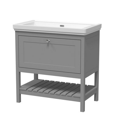 Traditional Furniture Floor Standing 1 Drawer Vanity & 0 Tap Hole Fireclay Basin, 800mm, Cool Grey