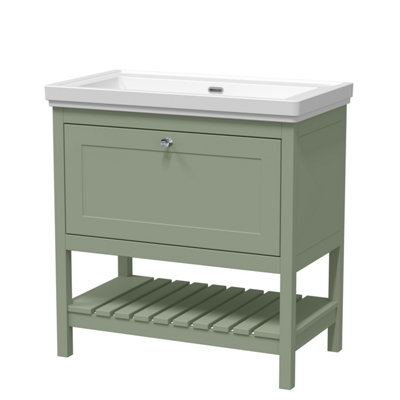 Traditional Furniture Floor Standing 1 Drawer Vanity & 0 Tap Hole Fireclay Basin, 800mm, Fern Green