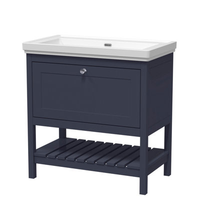 Traditional Furniture Floor Standing 1 Drawer Vanity & 0 Tap Hole Fireclay Basin, 800mm, Indigo Blue