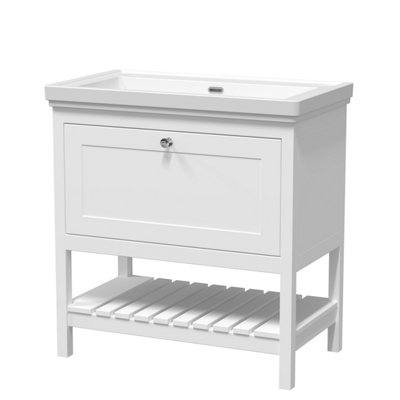 Traditional Furniture Floor Standing 1 Drawer Vanity & 0 Tap Hole Fireclay Basin, 800mm, Pure White