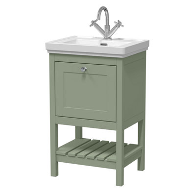 Traditional Furniture Floor Standing 1 Drawer Vanity & 1 Tap Hole Fireclay Basin, 500mm, Fern Green