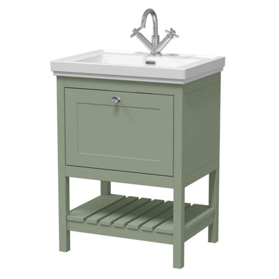 Traditional Furniture Floor Standing 1 Drawer Vanity & 1 Tap Hole Fireclay Basin, 600mm, Fern Green