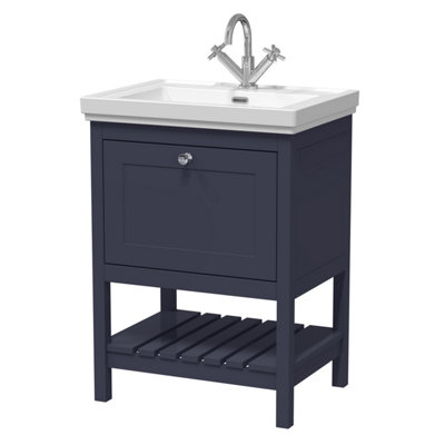 Traditional Furniture Floor Standing 1 Drawer Vanity & 1 Tap Hole Fireclay Basin, 600mm, Indigo Blue