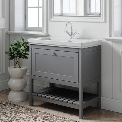 Traditional Furniture Floor Standing 1 Drawer Vanity & 1 Tap Hole Fireclay Basin, 800mm, Cool Grey