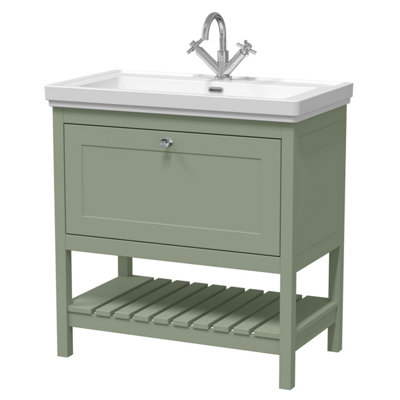 Traditional Furniture Floor Standing 1 Drawer Vanity & 1 Tap Hole Fireclay Basin, 800mm, Fern Green