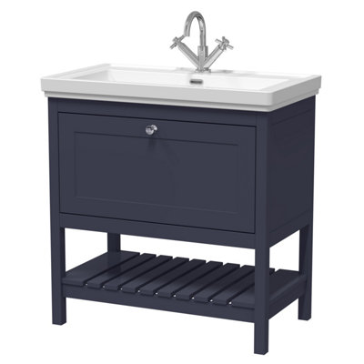 Traditional Furniture Floor Standing 1 Drawer Vanity & 1 Tap Hole Fireclay Basin, 800mm, Indigo Blue