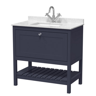 Traditional Furniture Floor Standing 1 Drawer Vanity & 1 Tap Hole Marble Worktop & Basin, 800mm, Indigo Blue