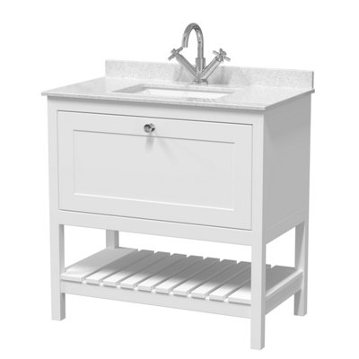 Traditional Furniture Floor Standing 1 Drawer Vanity & 1 Tap Hole Marble Worktop & Basin, 800mm, Pure White