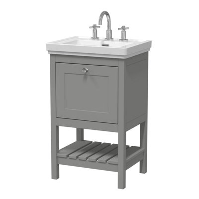 Traditional Furniture Floor Standing 1 Drawer Vanity & 3 Tap Hole Fireclay Basin, 500mm, Cool Grey