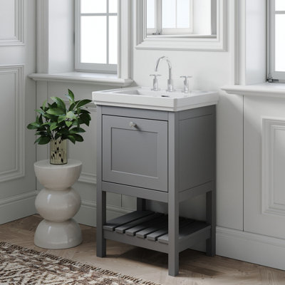 Traditional Furniture Floor Standing 1 Drawer Vanity & 3 Tap Hole Fireclay Basin, 500mm, Cool Grey