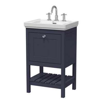 Traditional Furniture Floor Standing 1 Drawer Vanity & 3 Tap Hole Fireclay Basin, 500mm, Indigo Blue