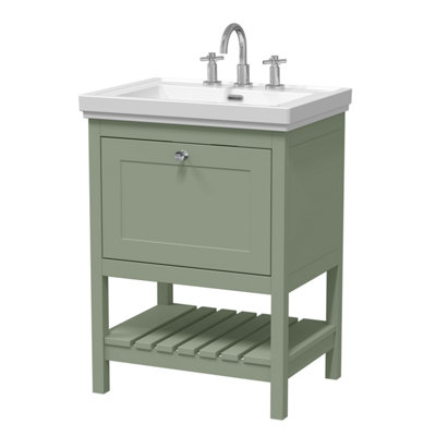 Traditional Furniture Floor Standing 1 Drawer Vanity & 3 Tap Hole Fireclay Basin, 600mm, Fern Green