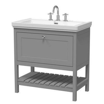 Traditional Furniture Floor Standing 1 Drawer Vanity & 3 Tap Hole Fireclay Basin, 800mm, Cool Grey