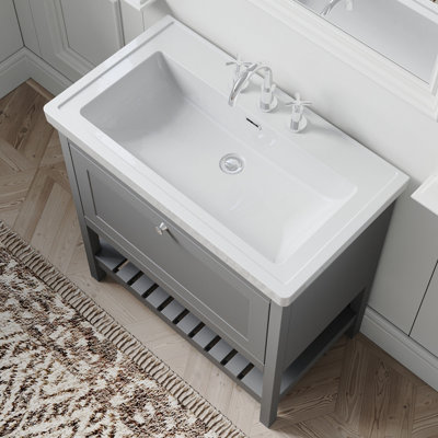 Traditional Furniture Floor Standing 1 Drawer Vanity & 3 Tap Hole Fireclay Basin, 800mm, Cool Grey