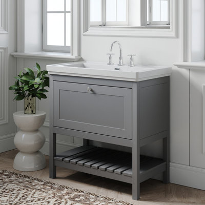 Traditional Furniture Floor Standing 1 Drawer Vanity & 3 Tap Hole Fireclay Basin, 800mm, Cool Grey