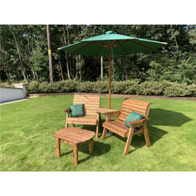 Traditional Grand Twin Angled With Coffee Table, 2 x Scatter Cushion Green & 1 x Parasol Green & Base