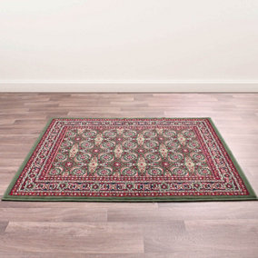 Traditional Green Bordered Floral Rug For Dining Room-60cm X 110cm
