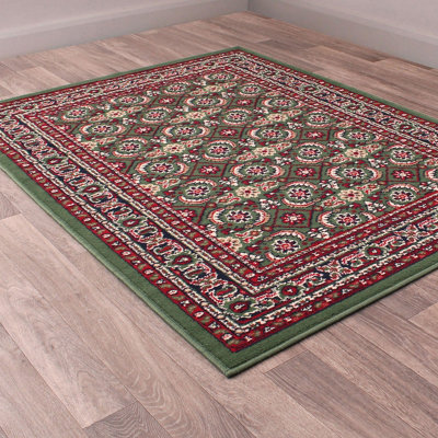 Traditional Green Bordered Floral Rug For Dining Room-67 X 200cm (Runner)