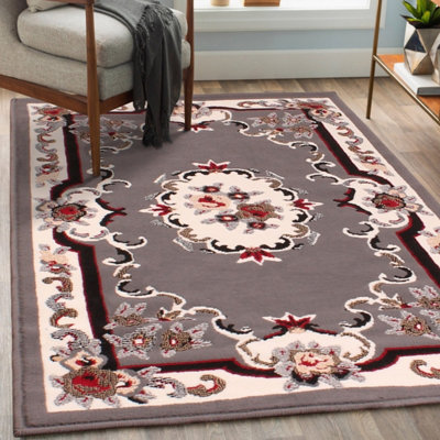 Traditional Grey Bordered Floral Rug For Dining Room-100cm X 150cm