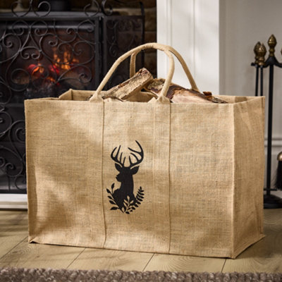 Traditional Hazelwood Stag Hessian Firewood Log Storage Jute Bag