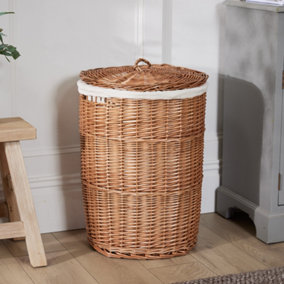 Traditional Large Wicker Round Storage Basket with Cotton Lining