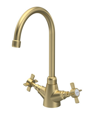 Traditional Mono Mixer Kitchen Tap with Crosshead Handles - Brushed Brass