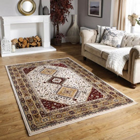 Traditional Persian Bordered Floral Cream Geometric Wool Rug for Living Room and Bedroom-160cm X 235cm