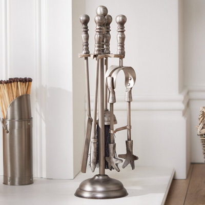 Traditional Pewter Fireplace 5pc Freestanding Fireside Companion Set