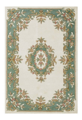 Traditional Rug, Cream Green Floral Rug, 20mm Thickness Bordered Rug, Handmade Living Room Rug, Wool Rug-200cm X 285cm