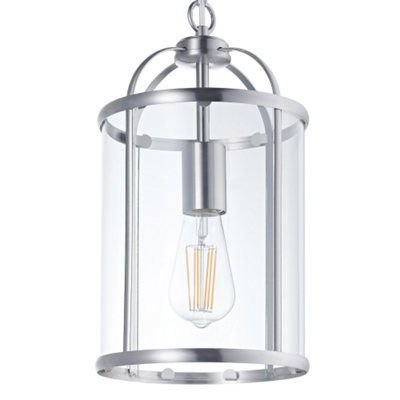 Traditional Satin Chrome Lantern Styled Pendant Light Fitting with Clear  Glass