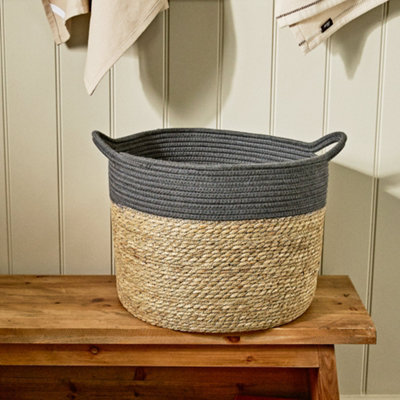 Traditional Seagrass Large Grey Stripe Indoor Storage Basket H30 x D45cm