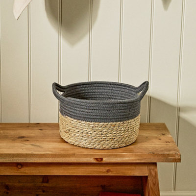 Traditional Seagrass Small Grey Stripe Indoor Storage Basket H15 x D26cm