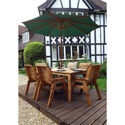 Traditional Six Seater Rectangular Table Set With 6 x Green Chair Cushion 1 x Green Parasol & Base & Cushion Storage Bag